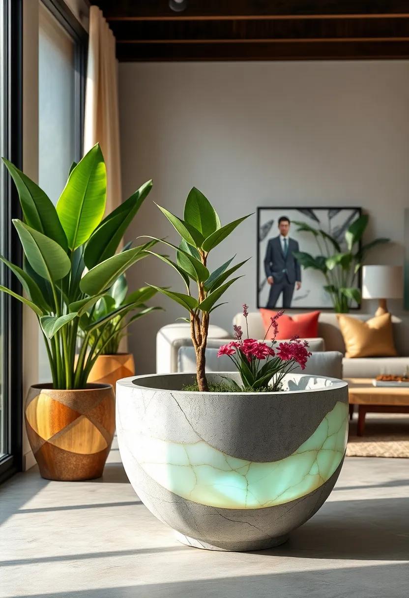 Opal Crescent concrete Planter - ‌Combining ⁢raw concrete texture ⁣with ​smooth opal‌ inlays, this planter balances ‌urban edge with ethereal beauty