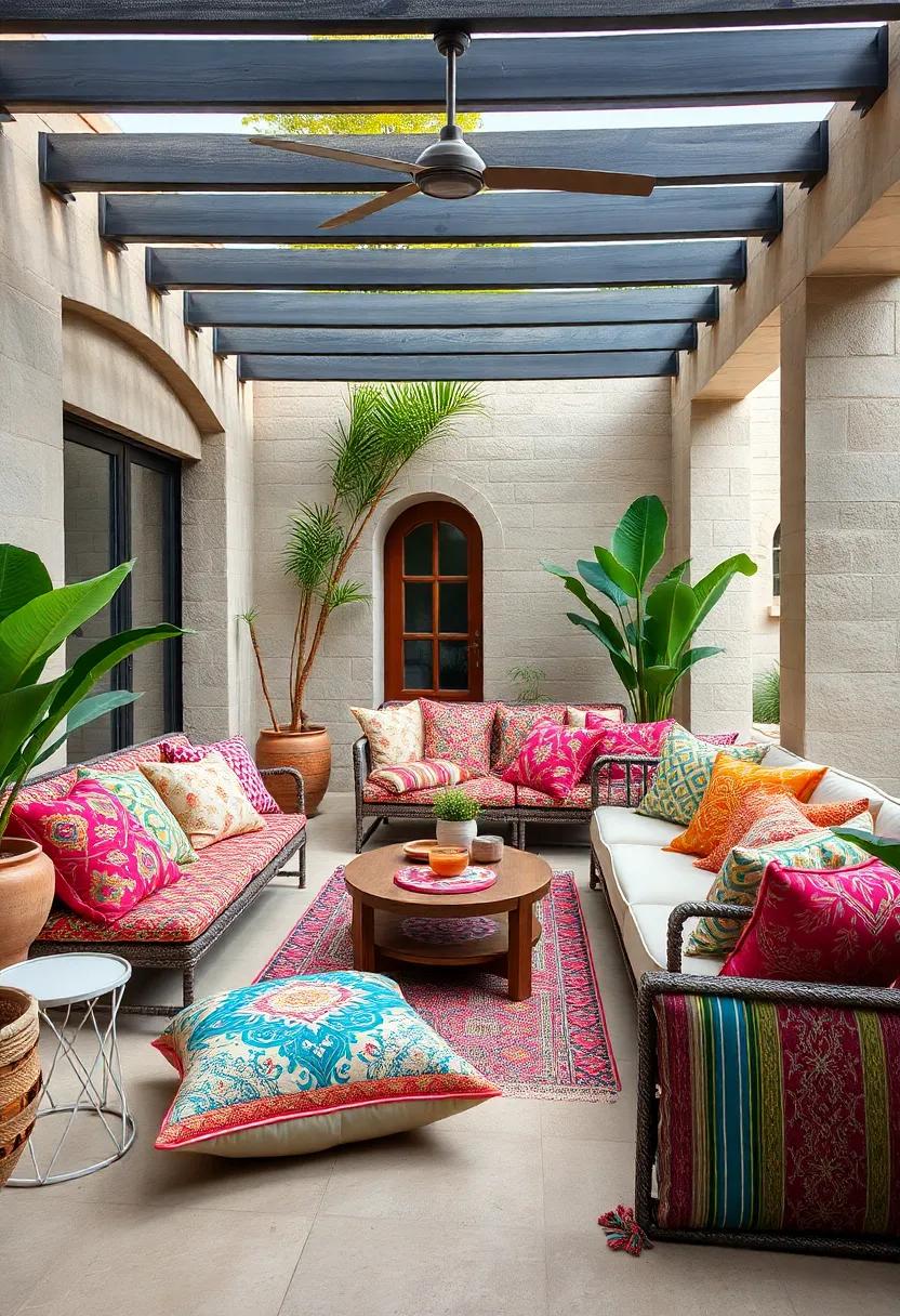 A bohemian patio⁢ bursting with an array of colorful⁢ cushions featuring eclectic patterns and textures, creating an inviting and cozy atmosphere