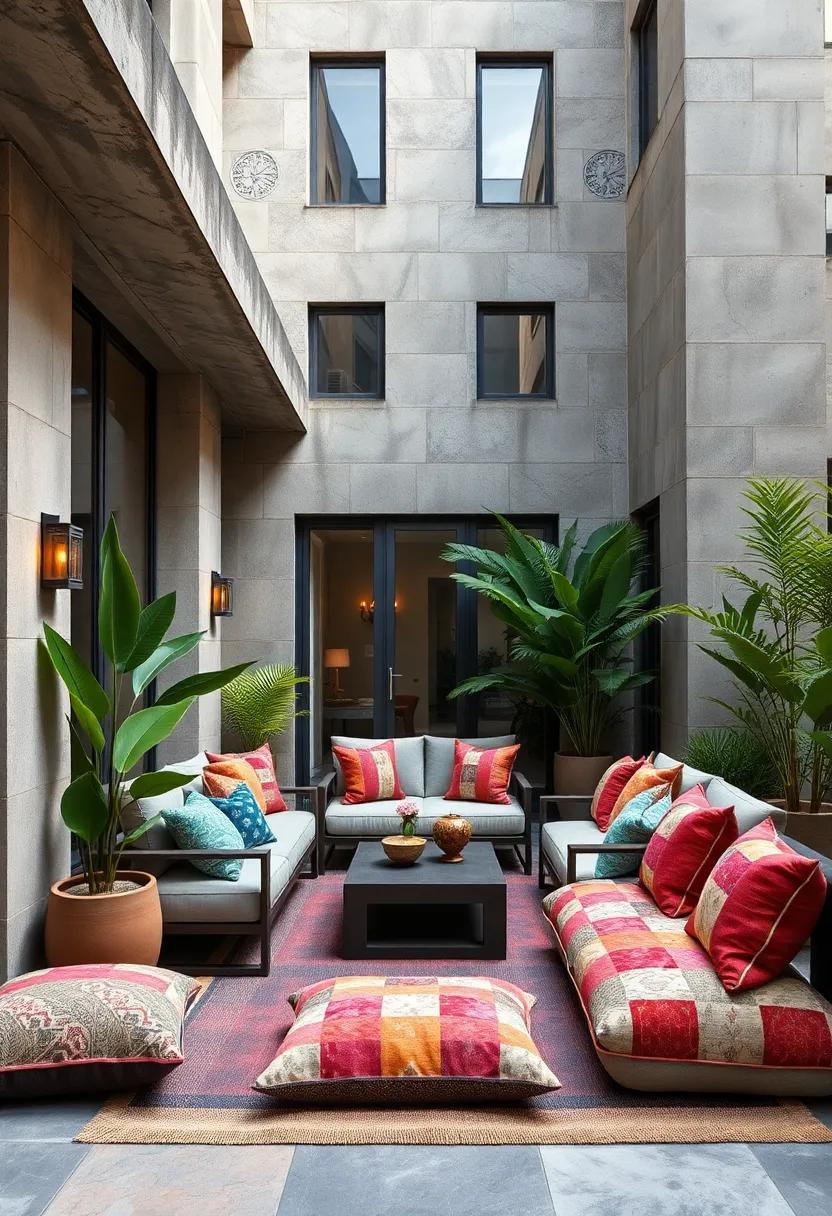 A city courtyard featuring an‌ eclectic mix of cushions in patchwork designs, perfect for complementing industrial elements with softness