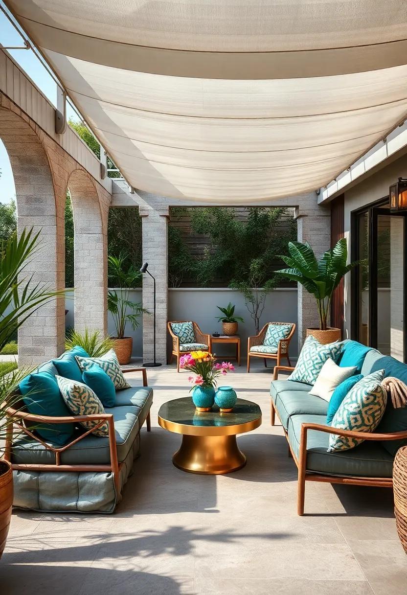 A maximalist⁣ patio shaded ‌with a canopy and brimming ‍with ⁢velvet cushions in peacock blues ⁣and emerald greens, paired with‍ gold accents