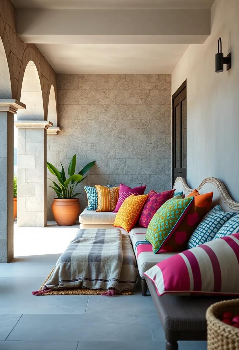 A cozy outdoor nook draped with⁣ cushions in a mix of ⁣vibrant stripes and geometric ​motifs, layered ⁤for maximum comfort and style