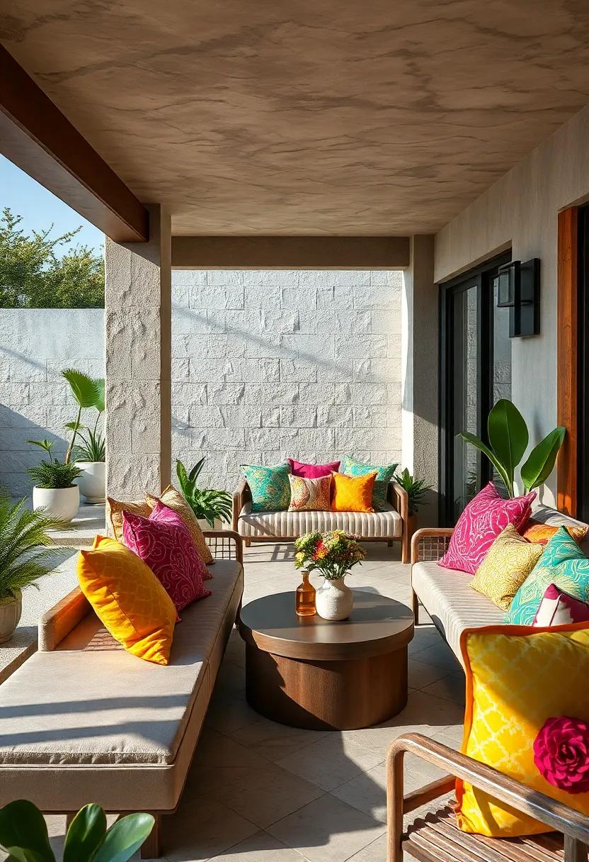 A forest-edge seating area where cushions in deep greens, burgundies, and mustard yellows create a lush, immersive‍ experience