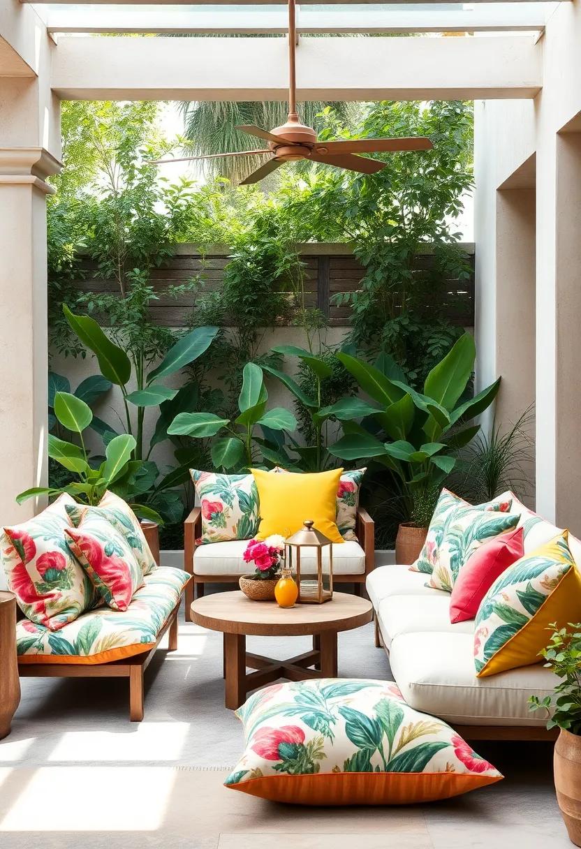 A mediterranean-inspired courtyard overflowing with⁤ cushions in sun-soaked oranges, ‍reds, and ​yellows,⁣ complementing terracotta tiles