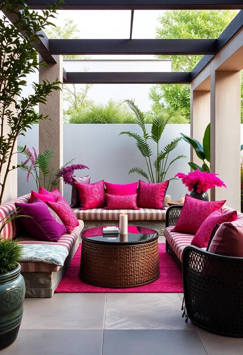 A luxurious ‌garden lounge outfitted with plush cushions in deep purples, bright pinks, and gold accents, radiating elegance and opulence