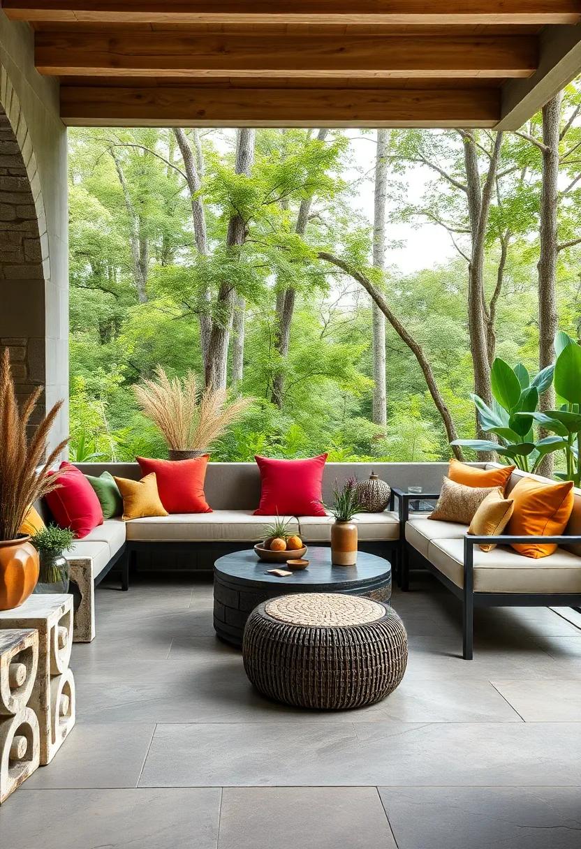 A charming ‍woodland seating area where cushions⁣ in warm rusty reds, mustard, and⁢ olive greens invite relaxation amid nature's palette