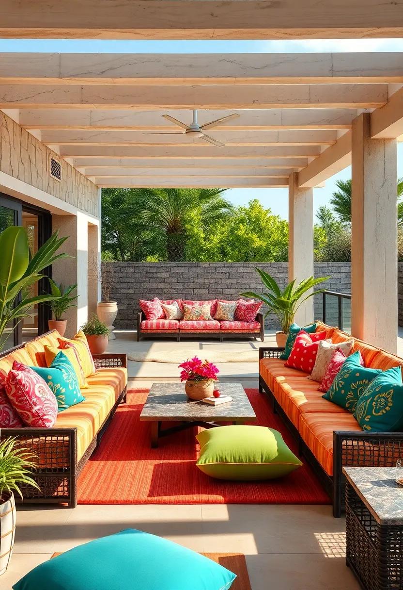 A sprawling deck featuring cushions in a kaleidoscope of patterns—from paisley to polka ‌dots—inviting endless lounging sessions