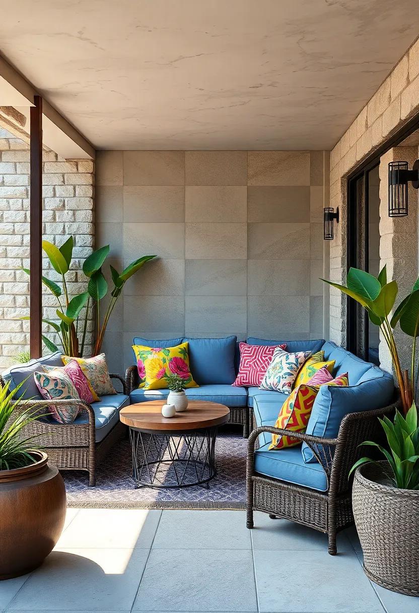A⁣ contemporary outdoor room styled ​with cushions that⁤ boldly mix neon hues and classic prints, balancing modern and maximalist ⁢aesthetics