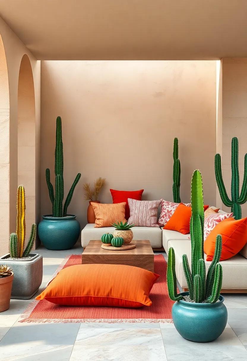 A desert oasis space where cushions in terracotta, burnt⁤ orange, and⁣ desert sand tones blend vibrantly with cacti and succulents