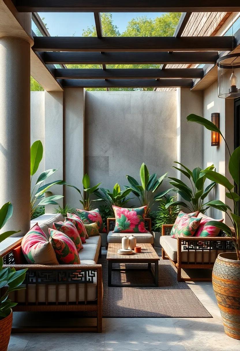 A tropical garden lounge adorned with vibrant cushions⁢ in ⁣bold floral​ prints, harmonizing with the​ lush greenery surrounding the space
