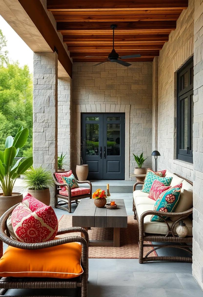 A rustic farmhouse porch decorated with⁤ brightly patterned cushions that add instant warmth and color against natural wood and stone