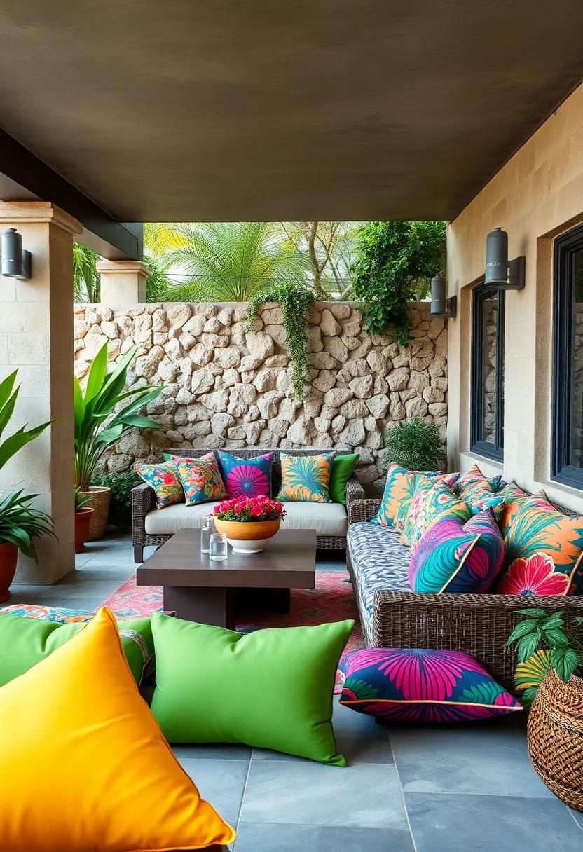 A lively ⁢backyard retreat overflowing with cushions in tropical prints, psychedelic ​patterns, and rich, ‍saturated colors for an unforgettable summer vibe