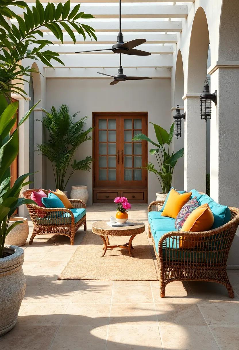 A vintage rattan seating area embellished with jewel-toned velvet cushions ‍and tassel details that add an​ old-world charm