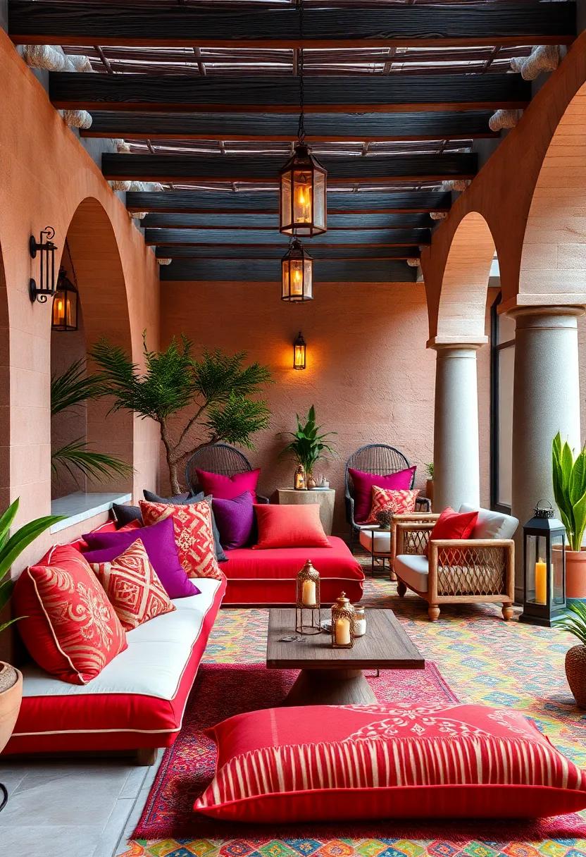 A vibrant‌ Moroccan‍ terrace⁤ filled with cushions⁣ in saturated reds, purples, and golds, accented with colorful mosaic tiles and lanterns