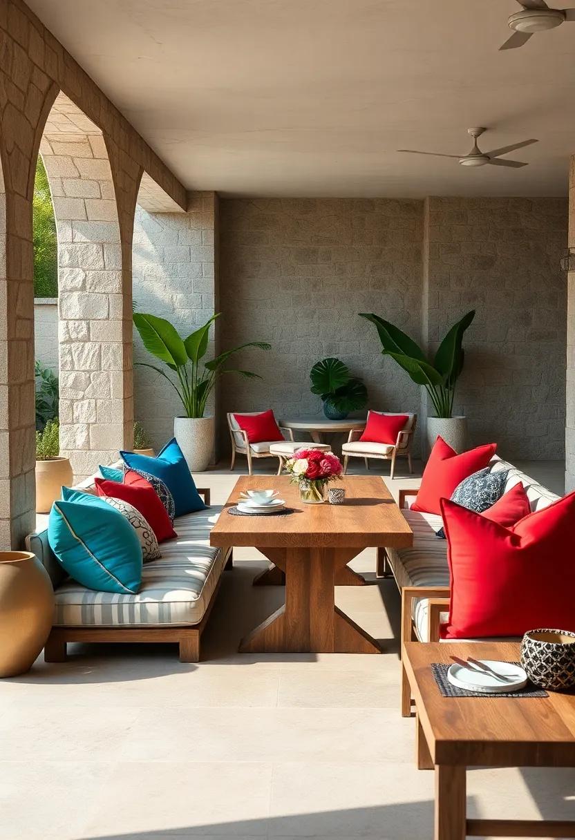 An open-air dining area where bold cushions serve as statement ‌pieces, mixing vivid hues like cobalt blue and fiery coral with natural wood