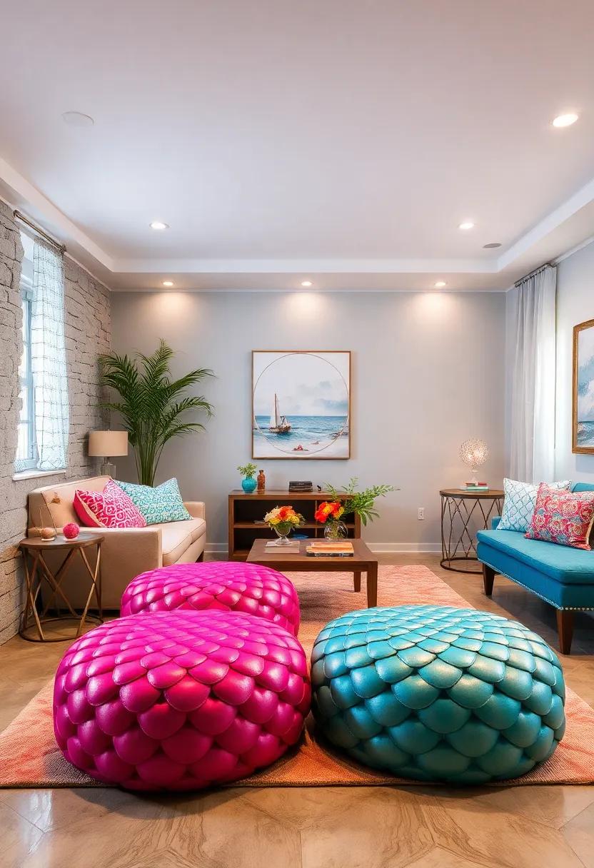 Mermaid⁢ Scale Poufs: Add seating with poufs designed to resemble⁢ shimmering mermaid scales