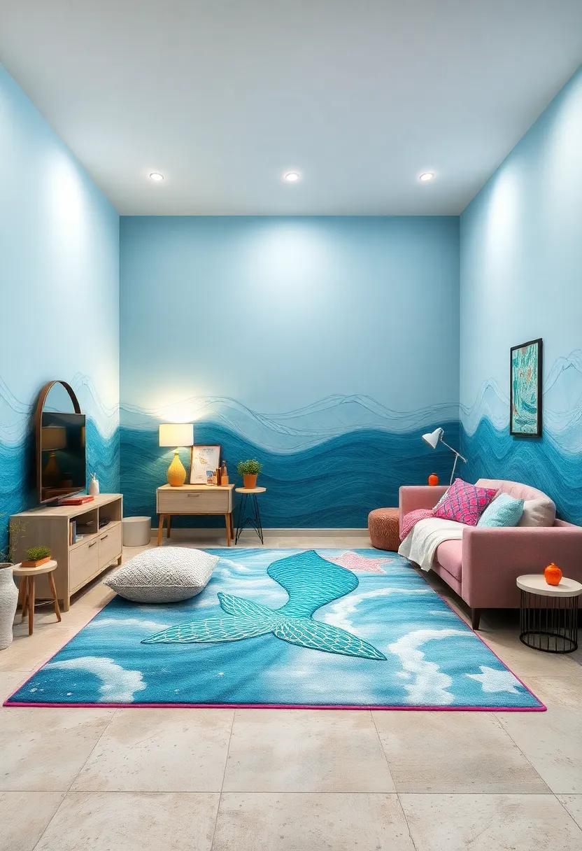Mermaid-Themed Rugs: Choose​ rugs ⁢featuring mermaids, waves, or sea stars to ground ‍the space with⁢ coastal flair