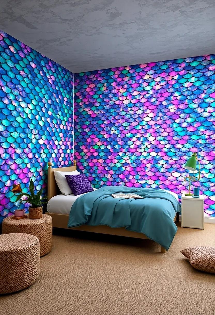 Shimmering Scales Wallpaper: transform the walls with⁤ iridescent, scale-patterned wallpaper that ⁤mimics a ⁤mermaid's tail