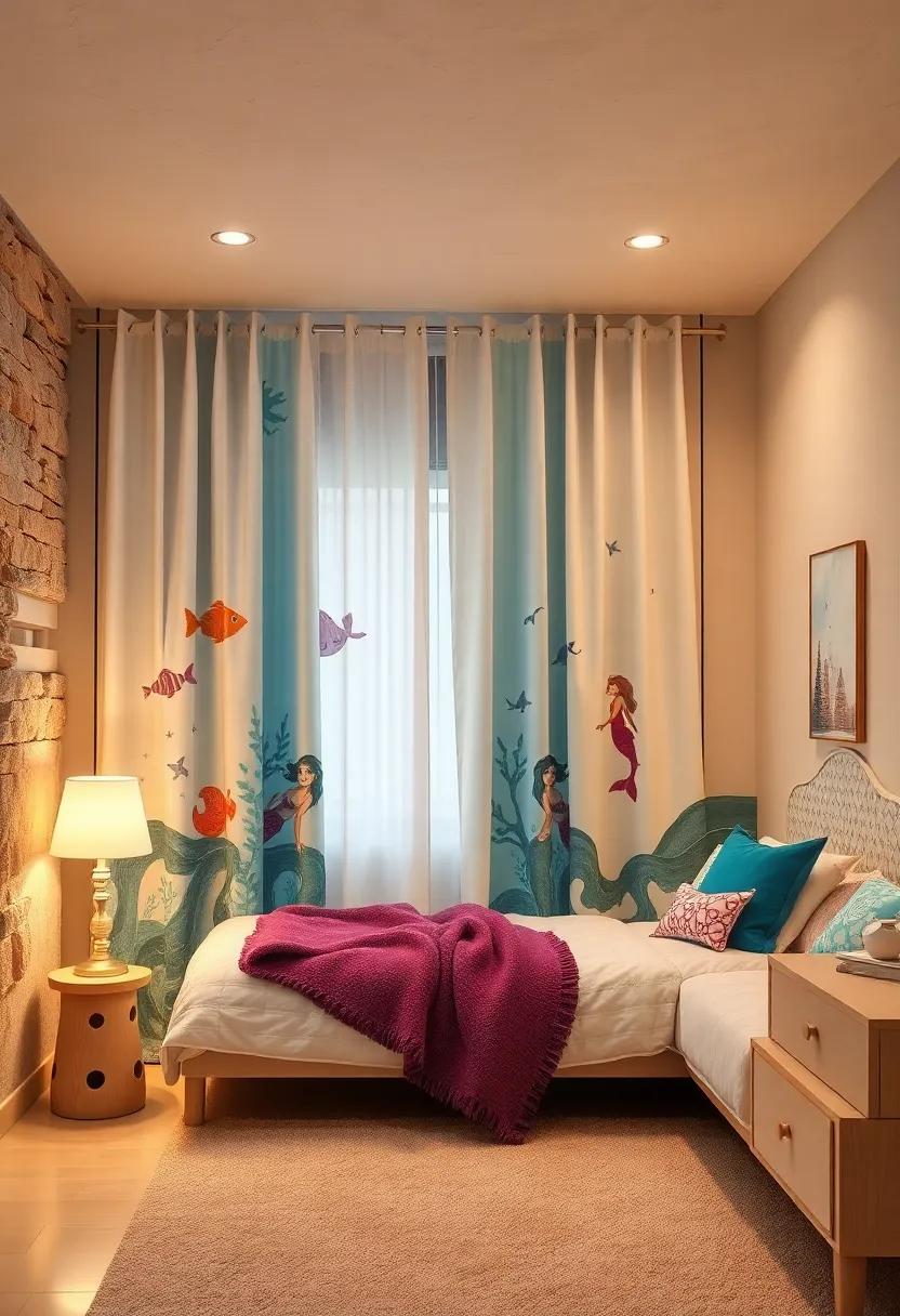 Under-the-Sea Themed Curtains: ​Choose curtains printed with waves, fish, or mermaids that flutter like ocean currents