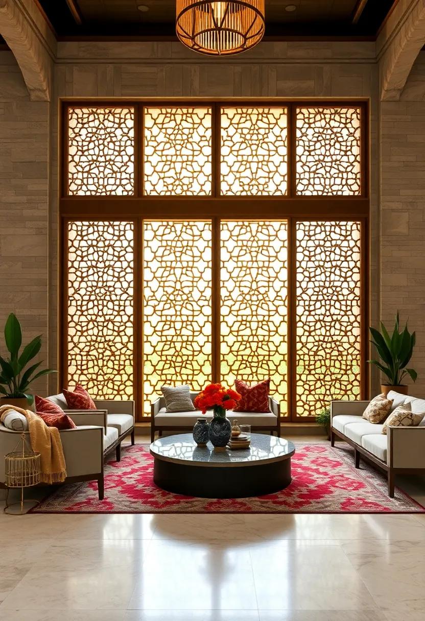 Laser-Cut Mashrabiya Dividers in Bronze Tones Combining‍ Classic ​Middle eastern art with Sleek⁢ Modernity