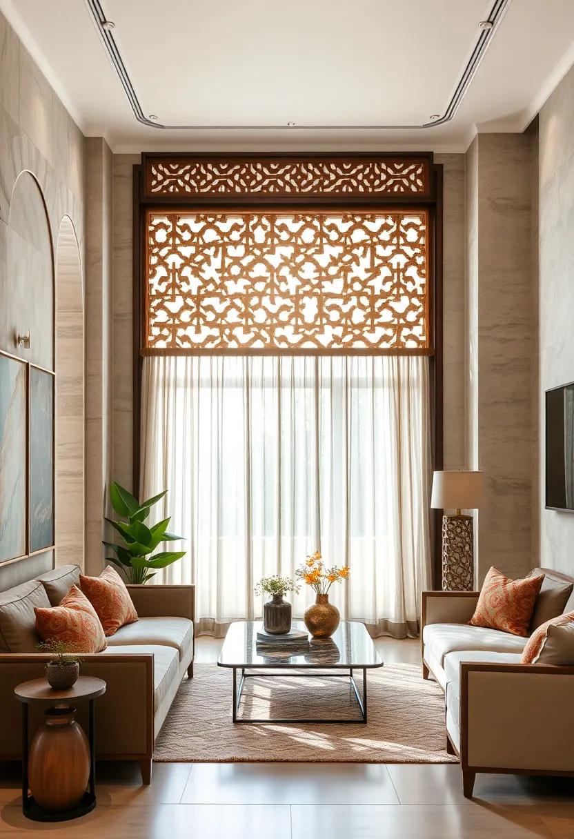 Mashrabiya Screens Composed​ of Interlocking Wooden Tiles Highlighting Depth and Texture for Elegant Interiors