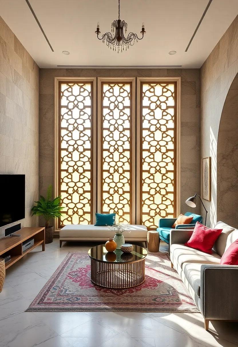 Mashrabiya⁢ Inspired Room Dividers with Layered patterns ⁤Yielding Dramatic Light ⁤Play and Privacy