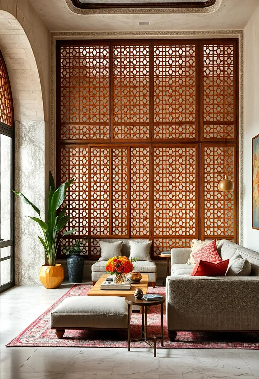 Traditional​ Mashrabiya Screens Crafted from lattice Work Wood, Perfect for Adding Privacy Without Sacrificing Light