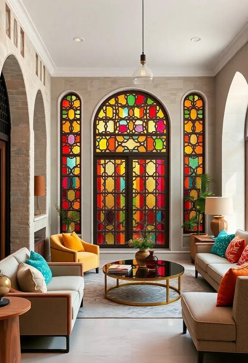 Vibrant Colored Glass Infused Mashrabiya Screens That Blend​ stained Glass Beauty ‍with Intricate Latticework