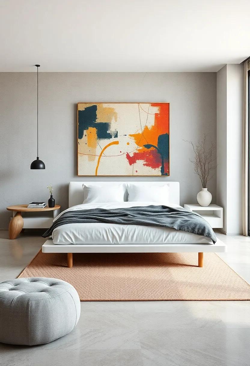 Artistic Contrast: ‍A white platform bed set in a room ​with⁣ vivid ⁣abstract wall art and minimal ⁢accessories ⁣strikes a ‍perfect balance ⁣between simplicity ‌and creativity