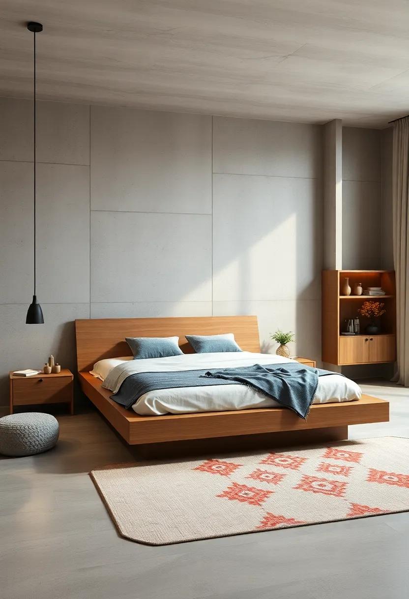 Bold Geometry: Angular ⁤platform bed paired with geometric ⁤shelving and ⁢patterned rugs delivers a‍ dynamic⁤ minimalist vibe