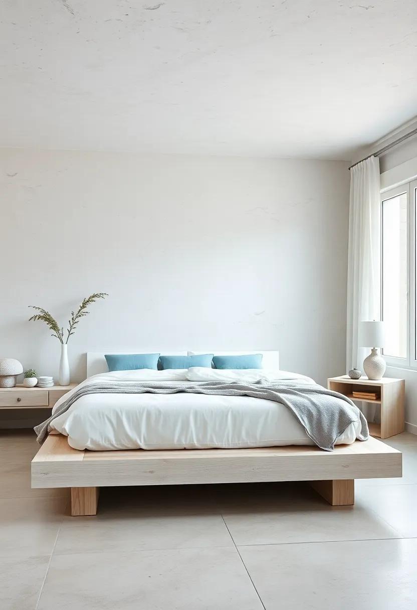 Coastal Calm: ‌Whitewashed ‌wooden platform‍ bed with ​airy linen sheets and hints of sea-blue⁤ evoke peaceful beach⁢ cottage vibes