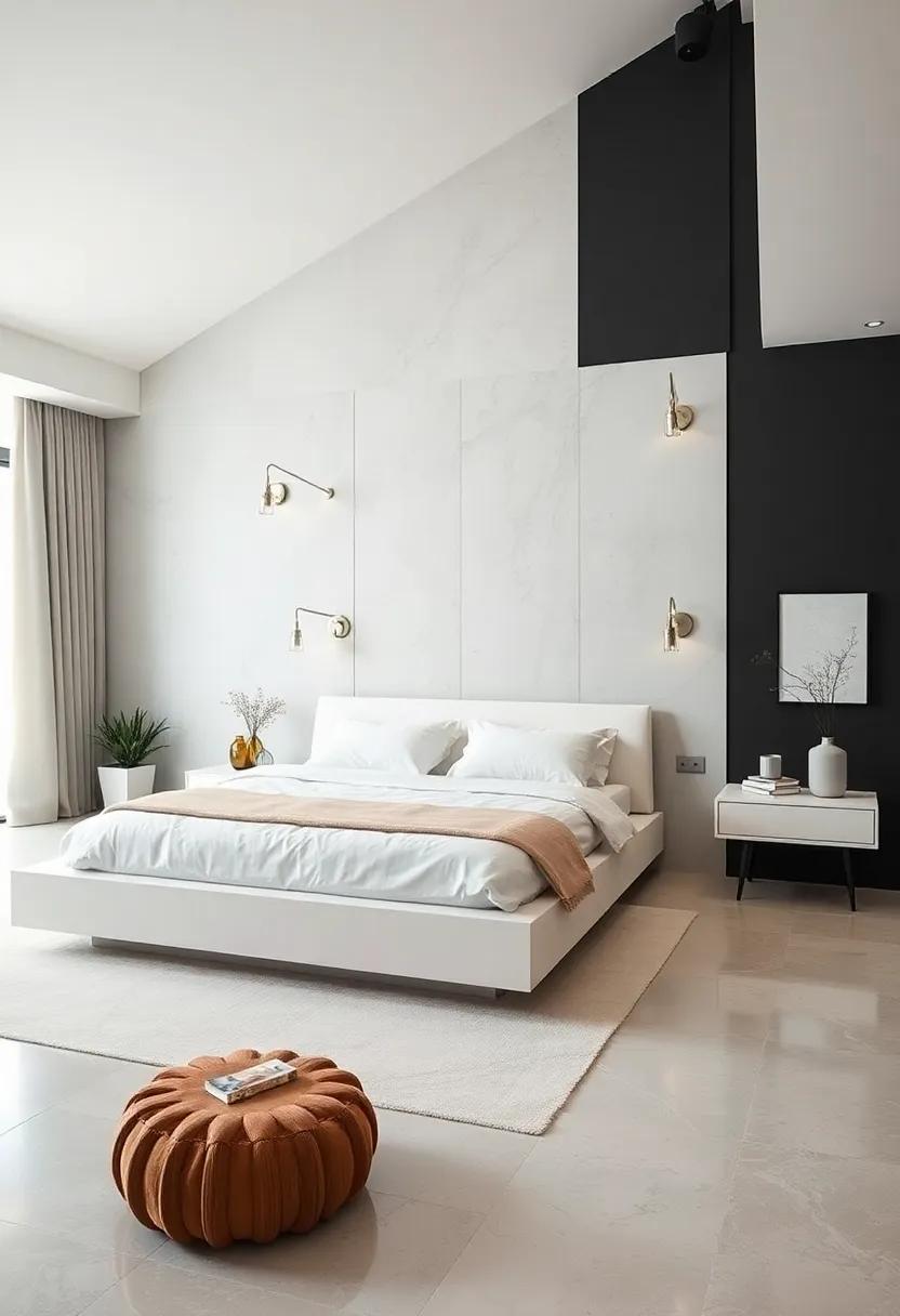 Crisp Lines: A sharp-edged ⁢white platform bed juxtaposed against⁣ black accent walls and minimal lighting fixtures‍ exudes sleek modernity