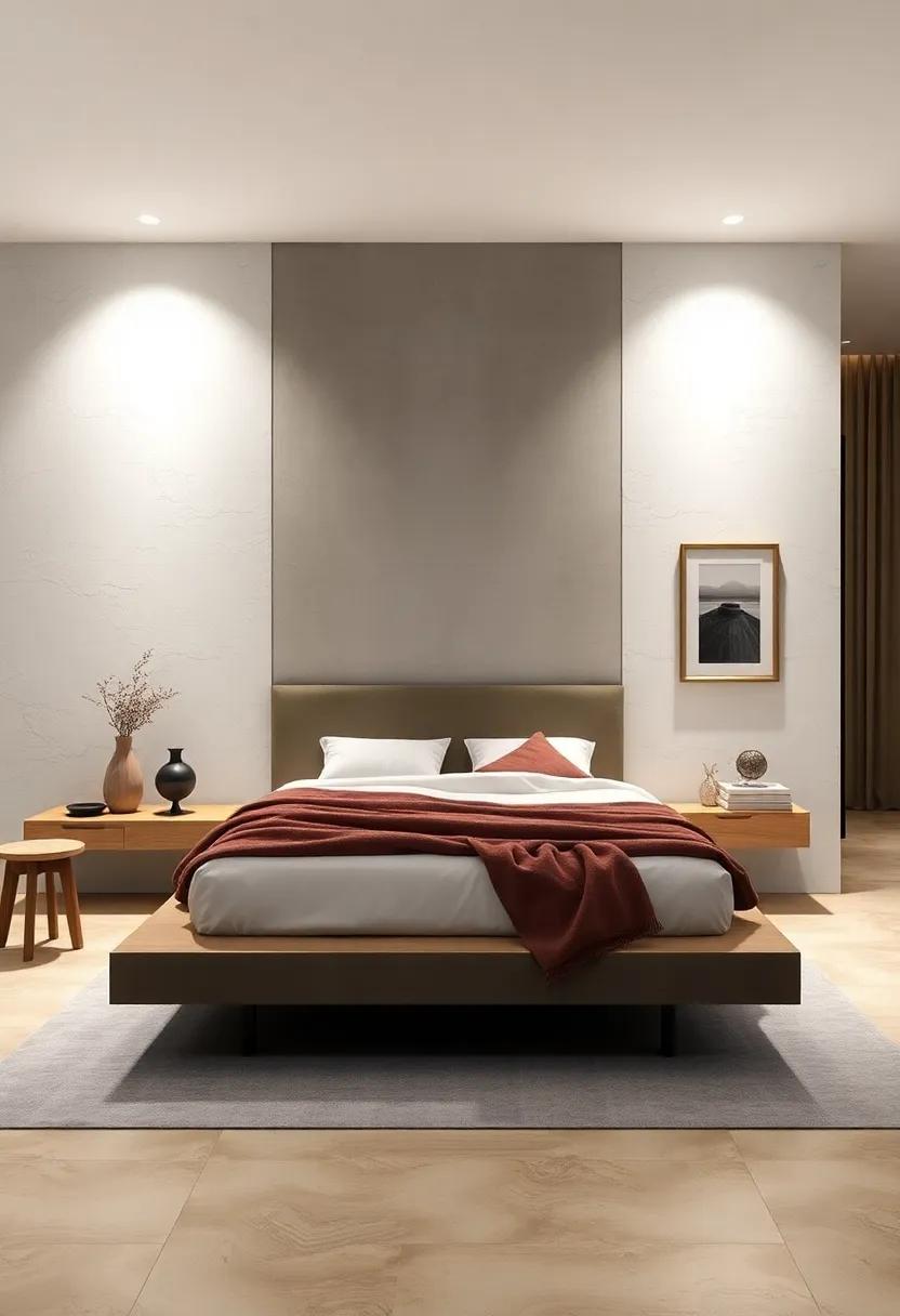 Floating Elegance: Wall-mounted platform bed with​ hidden ⁣supports gives ‍the ‌illusion of floating, enhancing the​ sense ⁤of spaciousness⁤ and simplicity