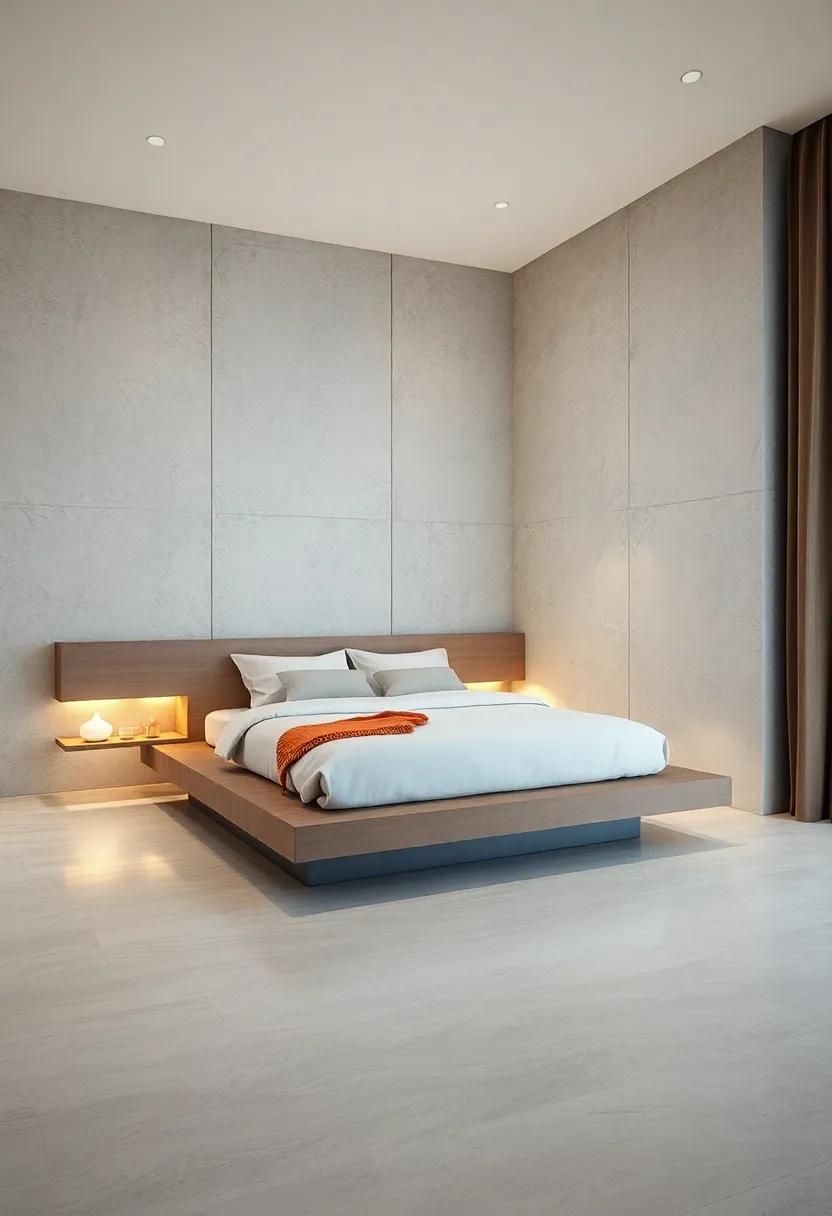 Geometric Simplicity: Rectangular platform bed enhanced by floating shelves ⁣and discreet lighting embodies functional minimalism