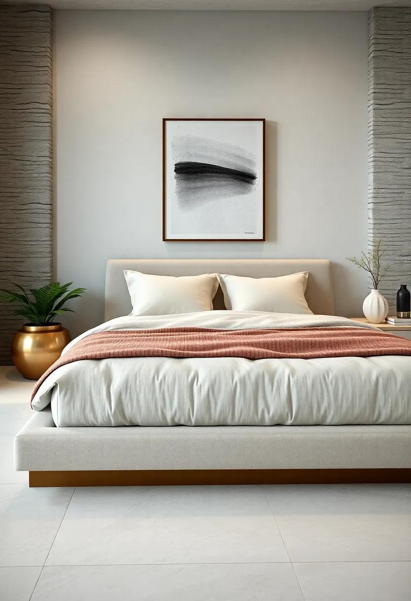 Metallic Accents: Matte bronze⁢ platform bed⁤ feet combined with neutral bedding and minimalist wall⁤ art add ‌a subtle touch⁢ of ‍glamor