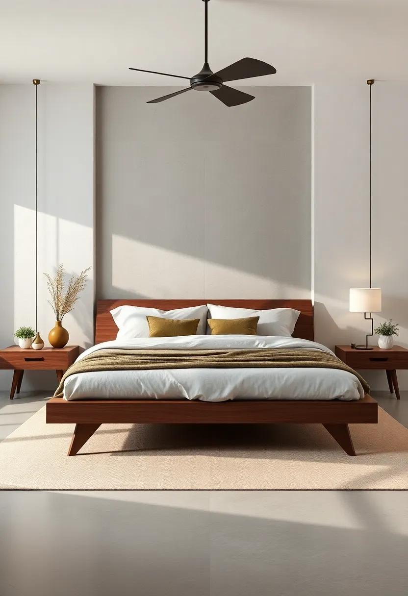 Mid-Century Minimal: ⁣Walnut platform bed with tapered ‌legs and muted ‌olive textiles pays homage to classic design ‍with a fresh minimalist twist