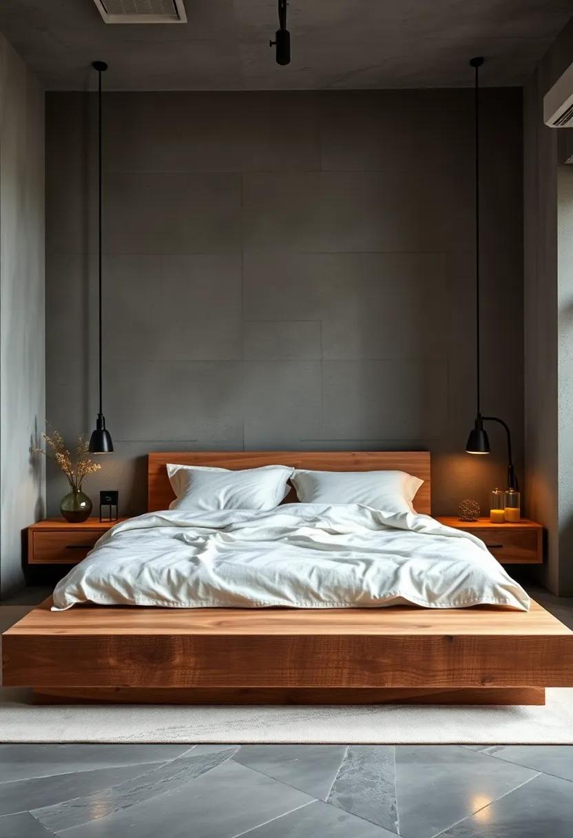 Modern Rustic: Rough-hewn⁢ wooden ‍platform bed‌ paired with industrial lighting and ‍neutral linens blends⁣ natural charm ⁣with minimalist design
