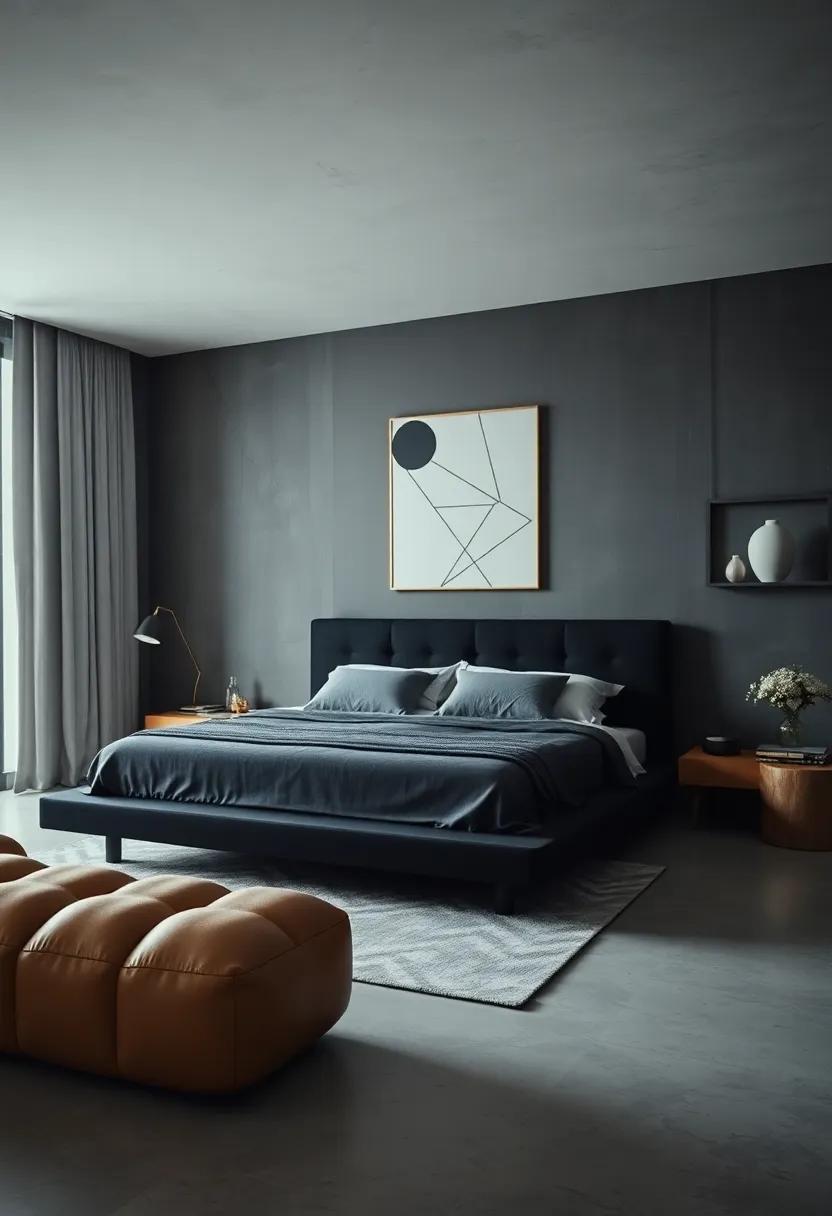Monochrome ​Magic: ​Jet black platform bed paired with charcoal⁢ gray walls and minimalist geometric art creates​ a bold yet simple retreat