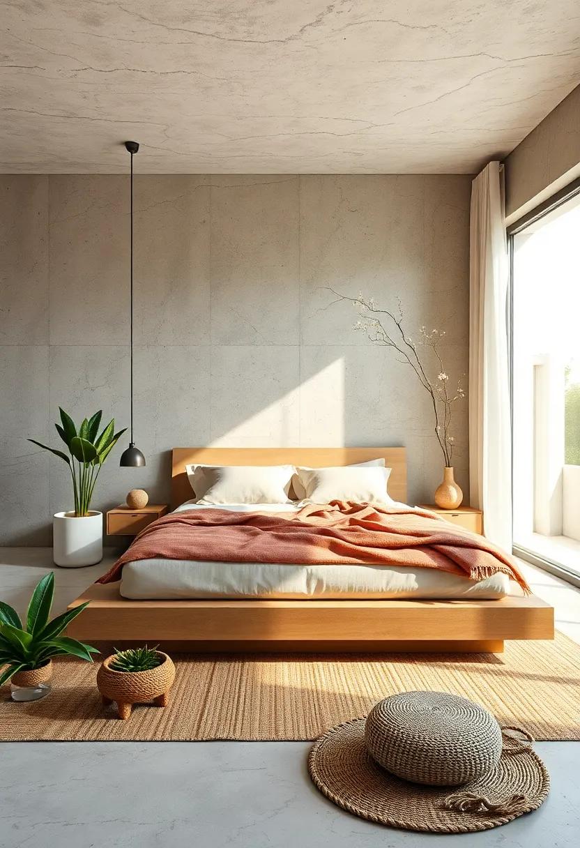 Nature Infused: Platform ⁢bed surrounded ⁤by floor plants and⁤ natural textures⁤ like jute and cotton ‍merges minimalism with biophilic design