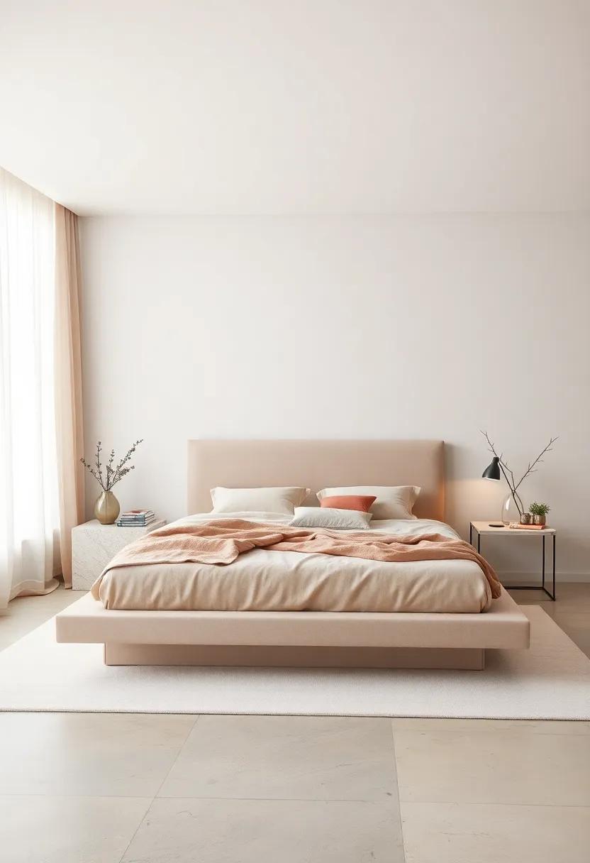 Soft Minimalism: Fabric-covered​ platform bed in ⁢muted blush tones accented by sheer curtains and understated ‌décor‍ for a gentle, calming space