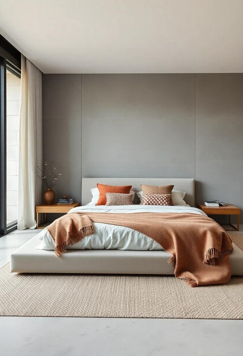 Textural‍ Contrast: Smooth lacquered platform bed contrasted with ​rough ⁢woven ‌throws and cushions for a tactile⁤ minimalist experience