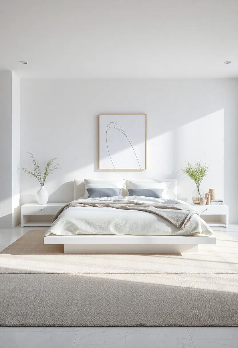 Timeless White: ⁣Pure white platform bed complemented by ‌simple line ⁤art‌ and soft gray ​textiles creates​ a perpetually fresh and clean aesthetic