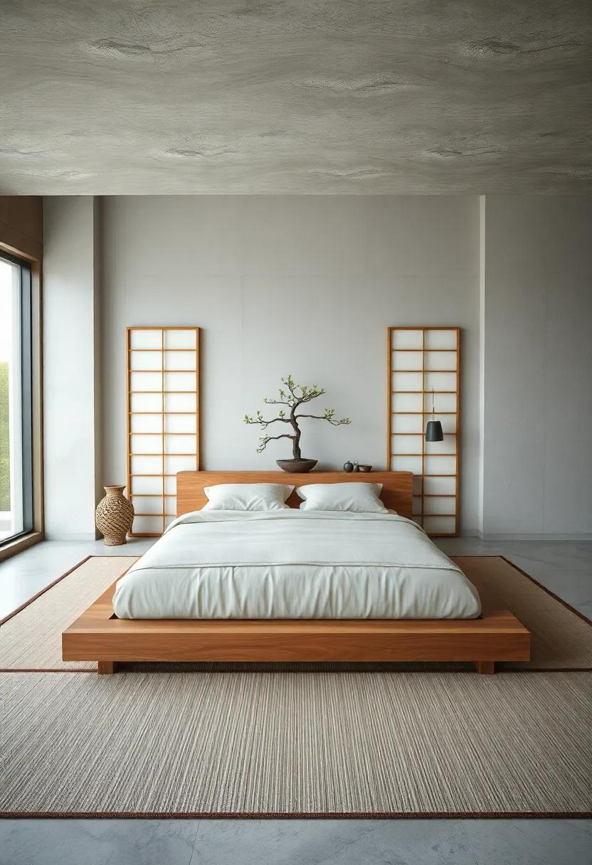 Zen⁢ Inspired:⁣ Bamboo platform bed surrounded by tatami mats, ⁢shoji screens, and a single bonsai plant‍ cultivates a meditative‍ atmosphere
