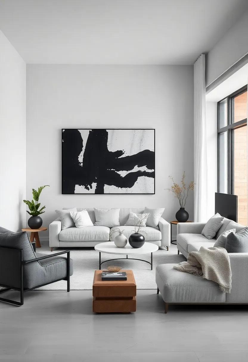 Add ⁣a statement‍ black ⁢and⁣ white abstract artwork ​to anchor the room’s ⁣aesthetic