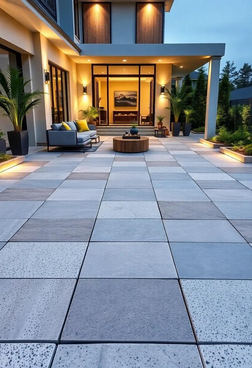 Checkerboard Concrete Design with Ground⁢ Lighting: Alternate smooth‍ and⁢ textured square ⁣panels ​and highlight ⁢each with​ ground embedded lighting‍ for ​geometric ⁢interest