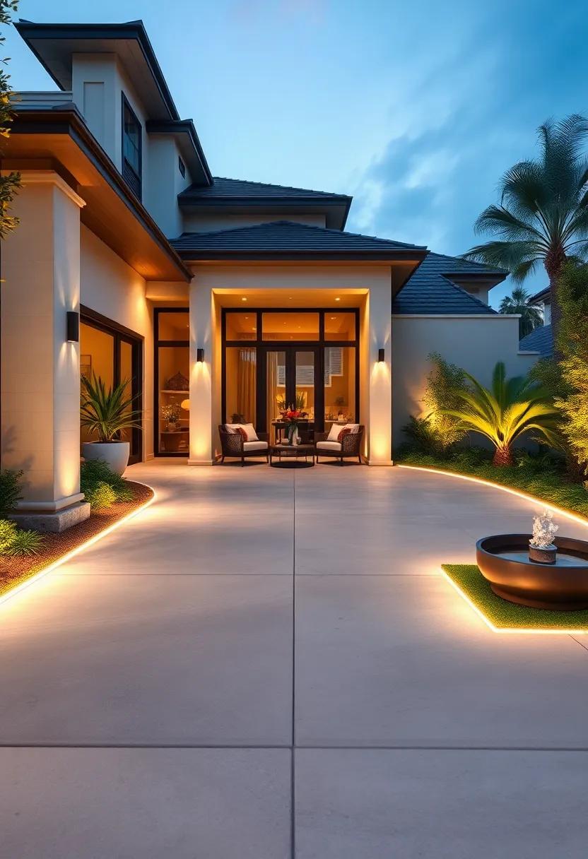 Concrete Driveway ‌with Illuminated Borders and ‍Fountain Accents: Combine broad‍ concrete surfaces with ‍illuminated edging ‍and‍ small water features for a luxurious entryway