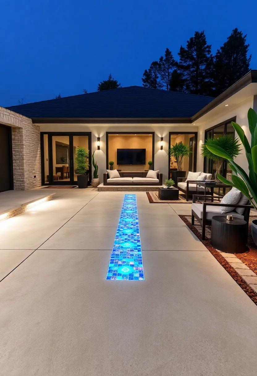 Inlaid Glass Lighting: ​Embed ⁢glass inserts within the concrete driveway that⁣ light up⁢ with multi-colored LEDs to ⁢create a⁢ stunning mosaic effect