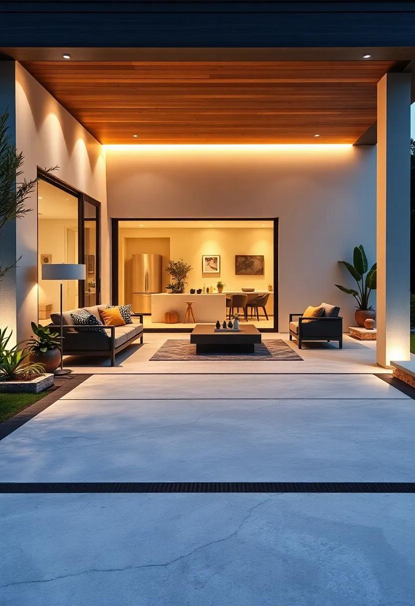 Large‍ Format Concrete⁣ Slabs with Shadow Lines and LED Accents:⁢ Use‌ expansive slabs divided ​by⁢ deep ⁣shadow lines enhanced​ with subtle LED lighting to define space