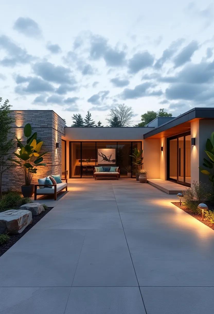 Sculptural Concrete Forms with Integrated Light Sculptures: Design sculptural, flowing concrete‌ forms ‌for your⁤ driveway paired⁢ with⁤ integrated⁣ artful lighting installations to captivate visitors