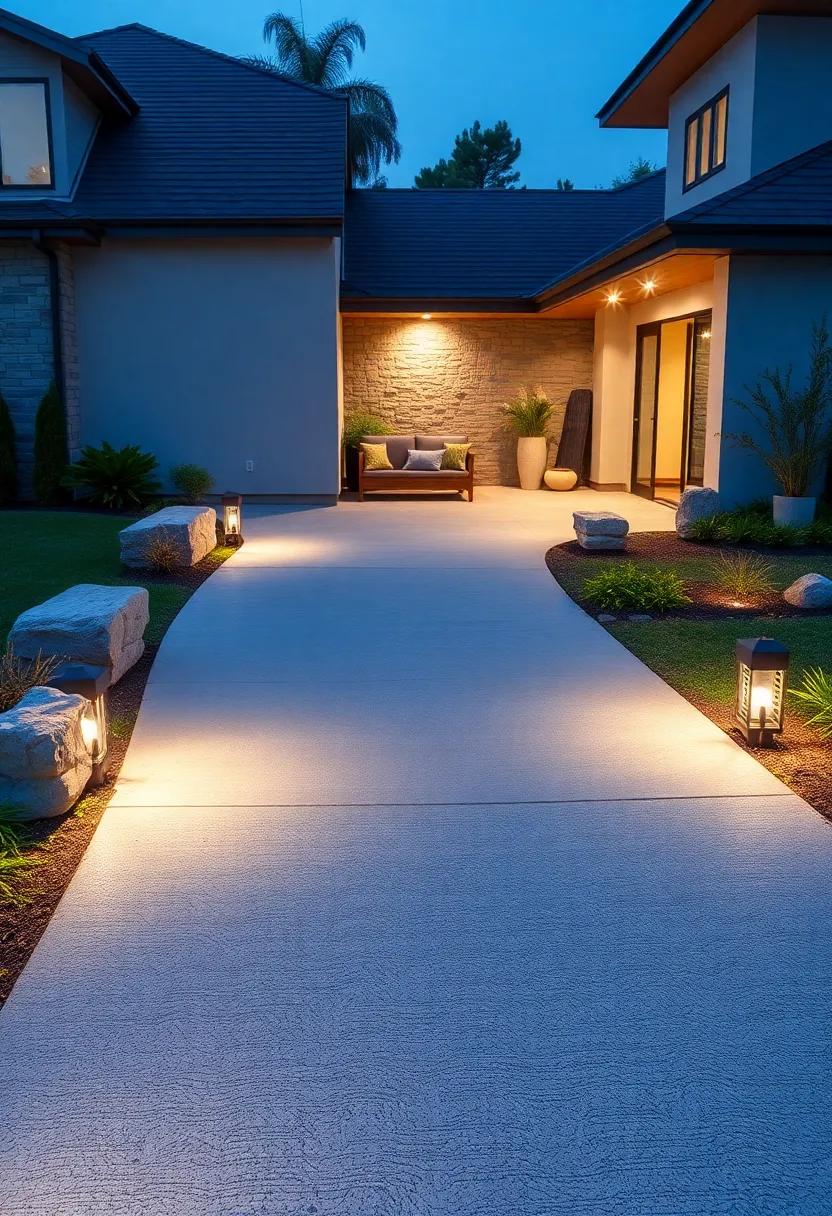 Textured Concrete with⁣ Lantern-Style‍ Post ‌Lights: Pair‌ rough-surfaced concrete with modern lantern-style post lights along the driveway for ​balanced illumination and style