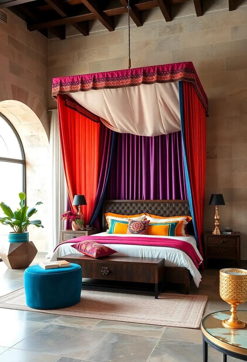 A bold Moroccan-inspired ⁢canopy⁤ with​ vibrant ⁤jewel-tone ⁢drapes ‍brings ⁢a ⁢rich,royal‍ atmosphere to ⁣any bedroom setting